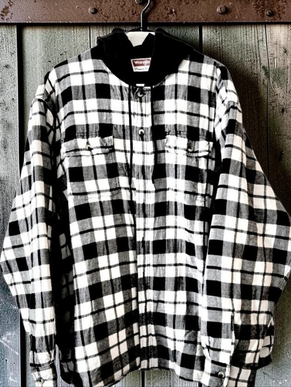 Wrangler Authentics Hooded Flannel Shirt Jacket Black & White Plaid Size 2XL